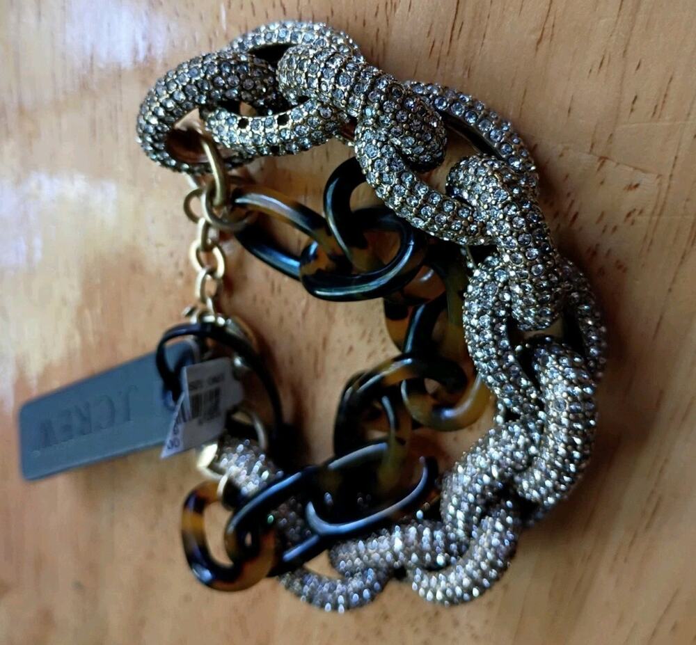 NWT J Crew Gold Pave Tortoise Shell Chunky Chain Link Bracelet